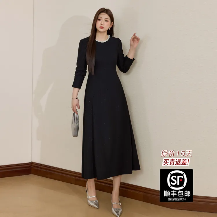 蓝语大码女装微胖赫本风黑色显瘦连衣裙秋收腰长袖a字裙小黑裙