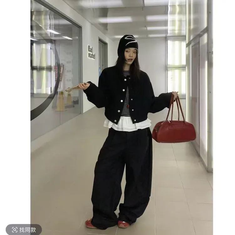 韩系黑色短款毛呢外套条纹小衫弯刀裤女秋季2025新款时尚潮流穿搭