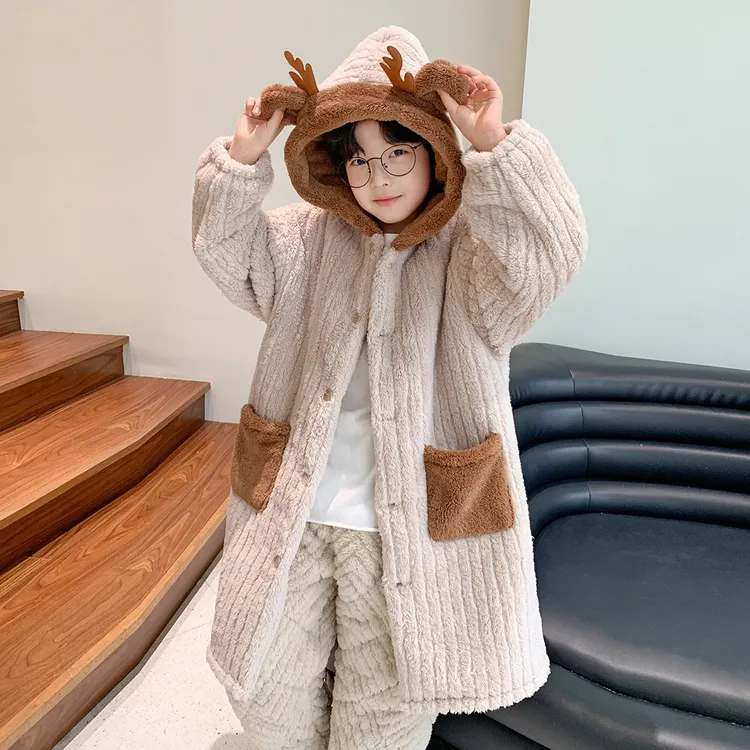 男童秋冬款珊瑚绒睡衣睡袍2025新款冬季大儿童中长款法兰绒家居服