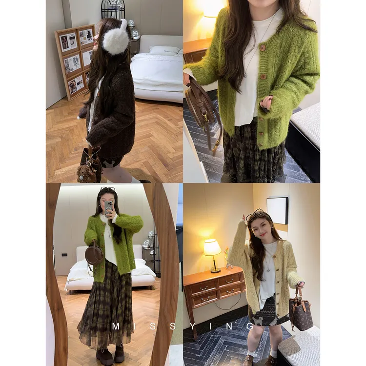 应小姐【卢浮宫】微胖大码冬季显瘦复古绞花镂空细坑条温柔开衫外套