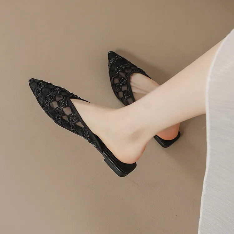 拖鞋女夏外穿网红尖头女鞋2025新款镂空网纱凉拖女平底包头半拖鞋