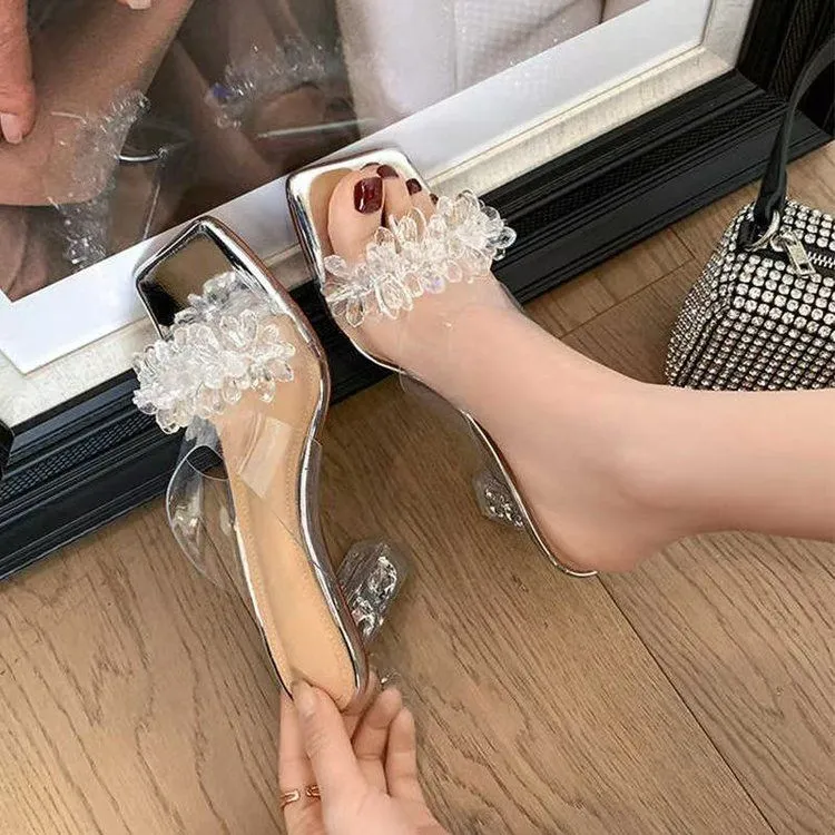 水钻透明凉鞋女夏配裙子粗跟外穿百搭镂空一字拖绝美凉拖鞋高跟鞋