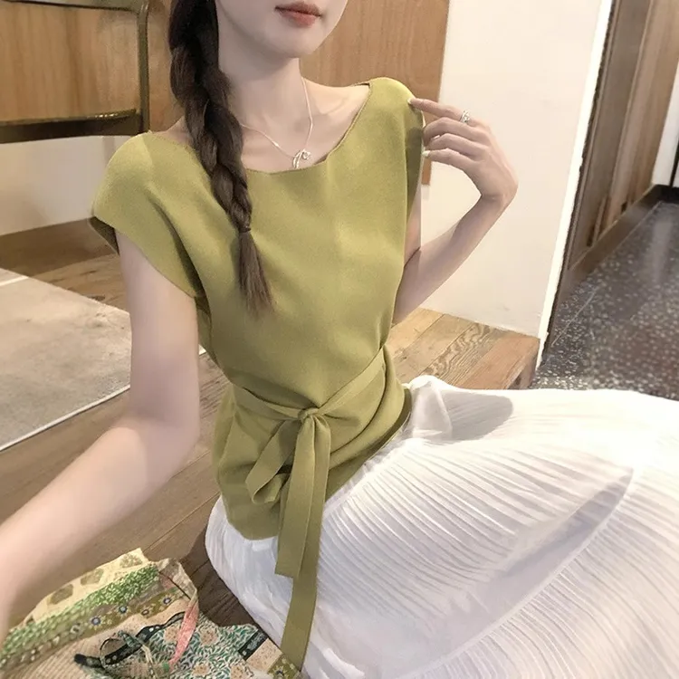 夏季优雅气质不规则V领针织衫女宽松短袖绑带收腰上衣