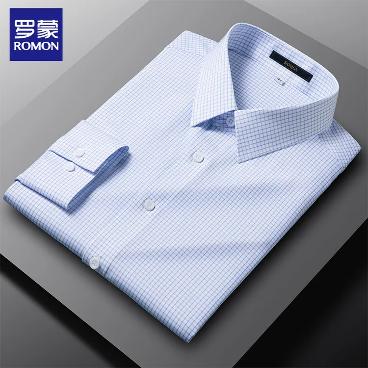 罗蒙男士高档衬衫新款格子长袖衬衣商务休闲抗皱免烫弹力宽松寸衣