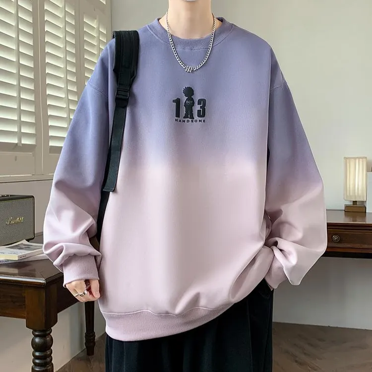 圆领卫衣男春秋冬季新款潮牌撞色渐变长袖体恤衫复古加绒休闲上衣