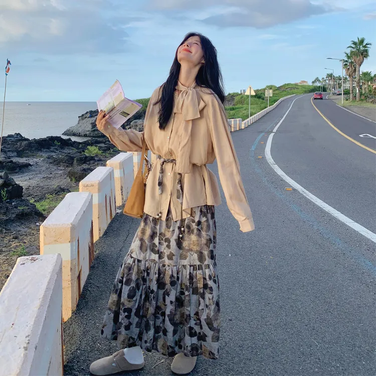 优雅气质知性风飘带衬衫印花半裙2025春秋新款韩系ins法式套装裙