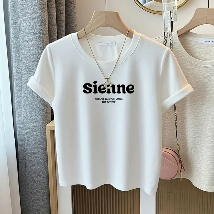 欧货宽松显瘦高级感印花圆领正肩常规款女装小个子短袖T恤上衣新