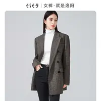 逸阳y英伦风重磅羊毛西装女2025秋新款双排扣人字纹西服外套上衣
