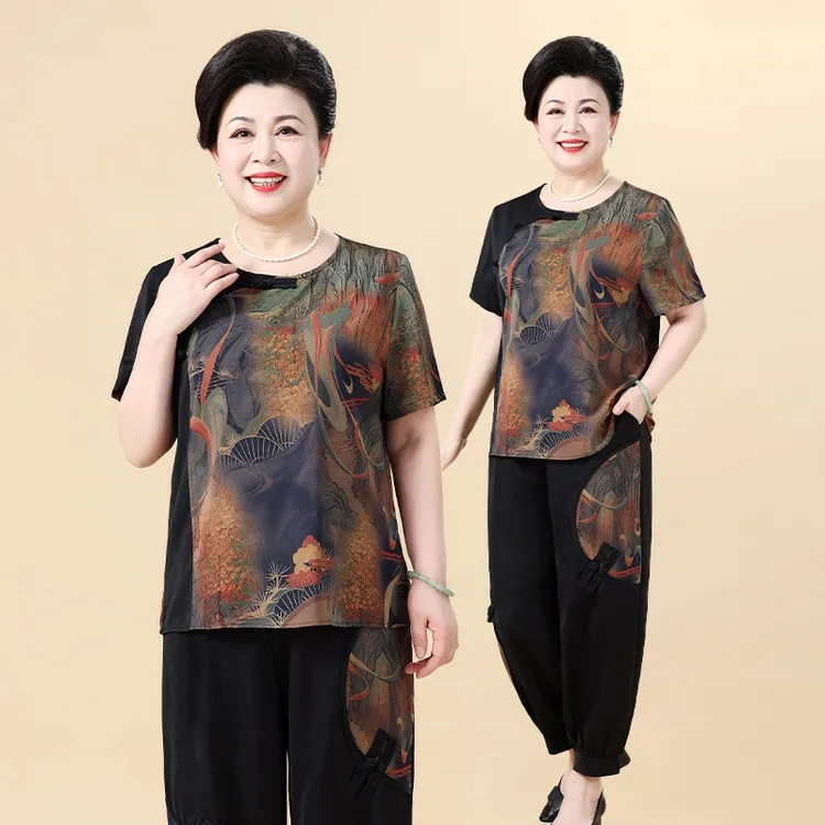 大码妈妈装套装女2024夏季新款圆领大花中老年国风盘扣宽松两件套