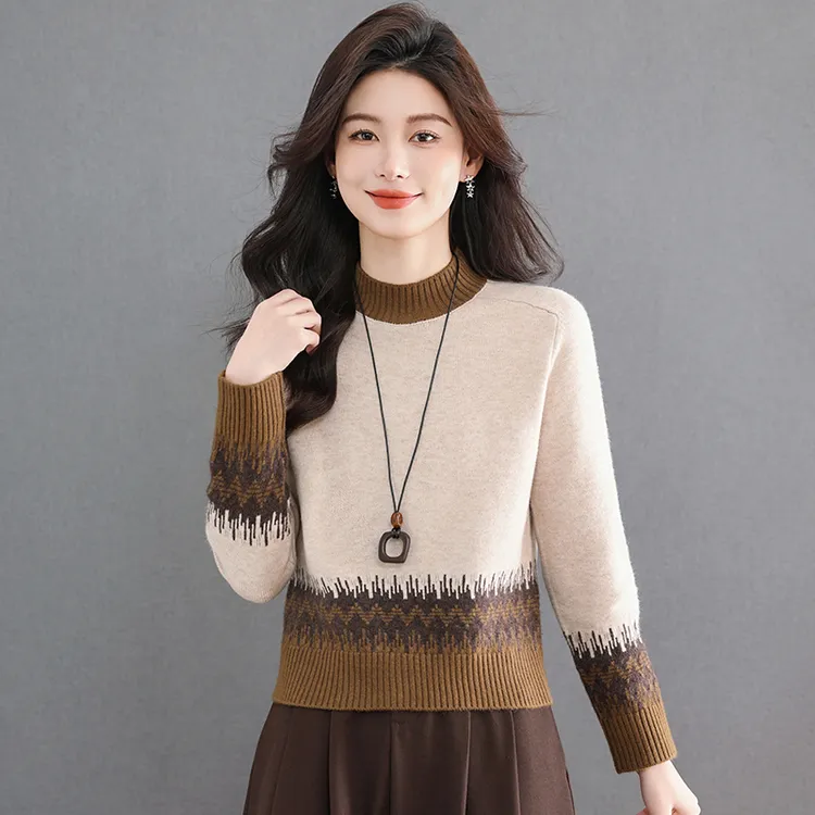 时尚洋气半高领百搭女2025秋冬新款加厚提花针织衫内搭打底毛衣