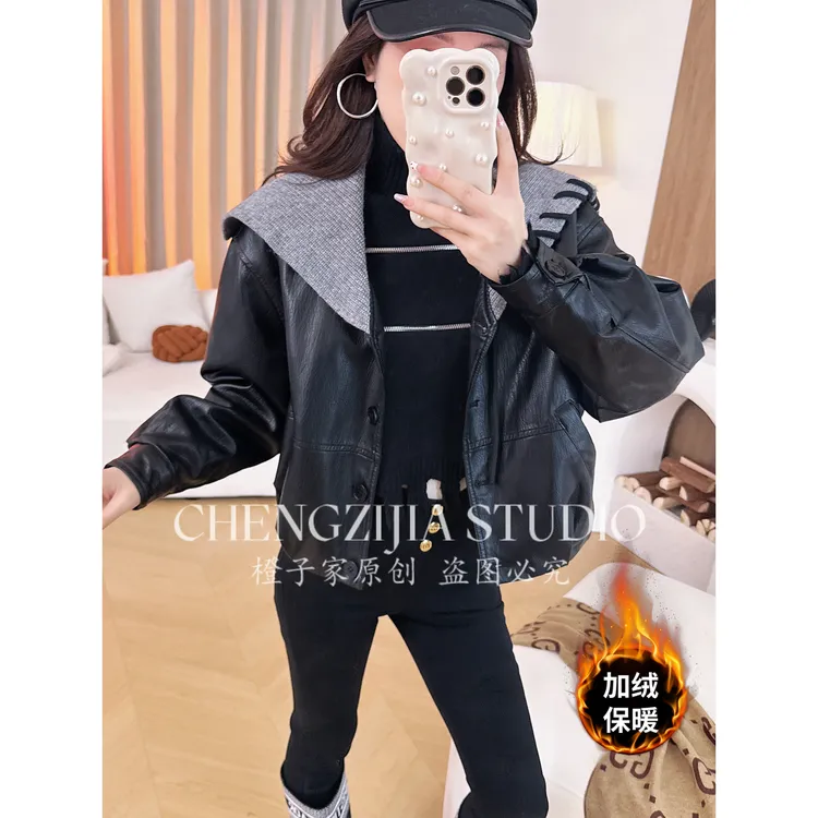 原版正品！！！【裴诗婷】2025冬季加绒设计感海军领皮衣夹克短款外套