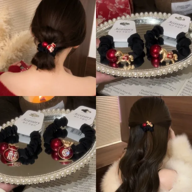 本命年喜庆红色卡通马珠子牛奶丝发圈新年气质高弹力头绳发饰