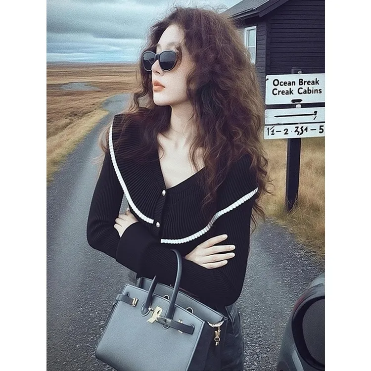 黑色V领荷叶边长袖针织衫女秋季高级感洋气时髦减龄百搭显瘦上衣