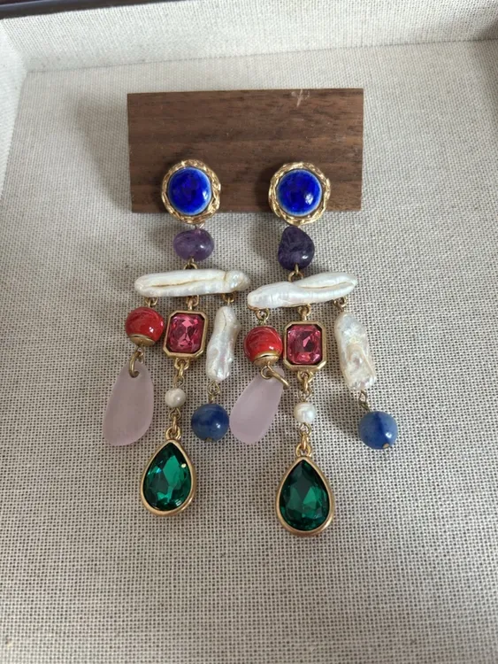 合金陶瓷耳饰 复古女民族风耳环蓝色长款百搭宫廷风饰品高级感