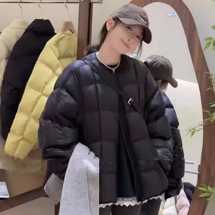 韩系方格圆领棉服女2024冬新款宽松保暖百搭面包服外套上衣O3喜5