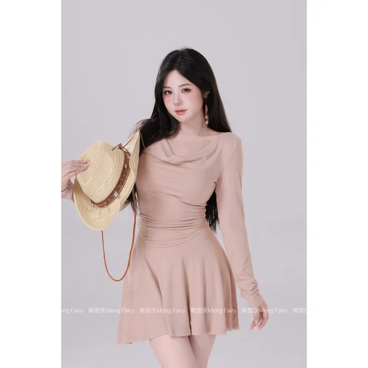 现货萌面侠【温柔美学】荡领设计显瘦长袖遮肚短款连衣裙5729欧若风