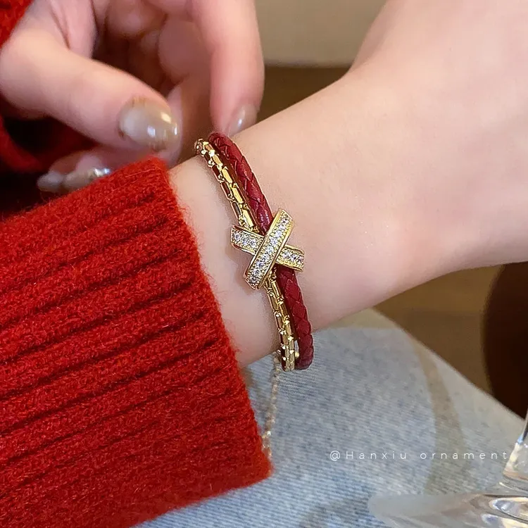 HX电镀微镶交叉双层手链简约设计小众高级感轻奢氛围手环气质款