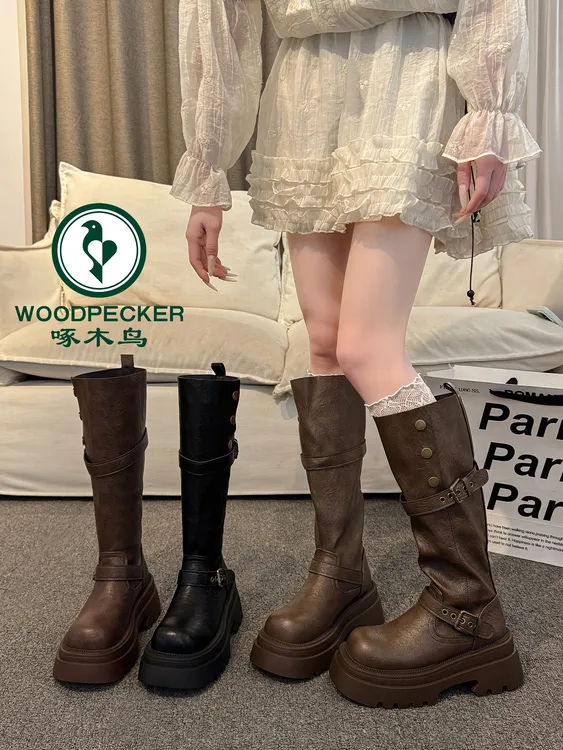 啄木鸟长筒长靴女款2025秋冬季新款时尚小个子复古风厚底时装靴