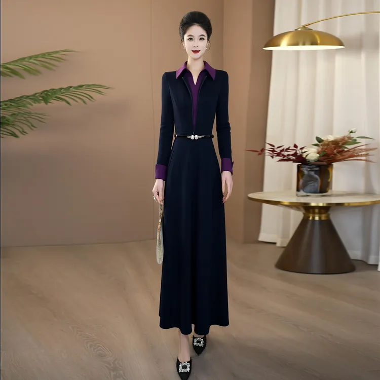 秋冬高端大气时尚假两件式连衣裙2025新款遮肉收腰大摆裙子228