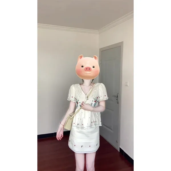 温柔甜妹风套装法式刺绣碎花V领衬衫上衣女夏季高腰半身裙两件套