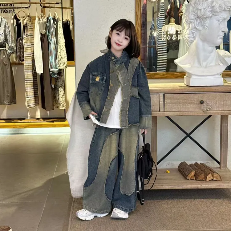 女童重工拼接牛仔套装春秋季2025新款儿童韩版夹克外套弯刀阔腿裤