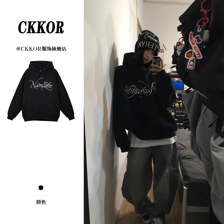 CKKOR美式潮流连帽卫衣男女秋冬新款爆款个性印花宽松情侣款上衣 