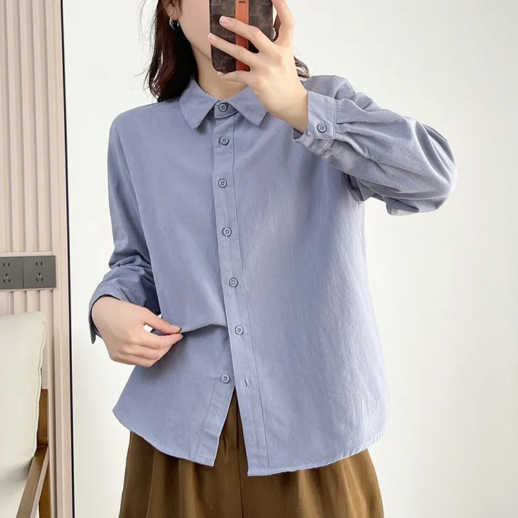 厚款防卷边秋冬纯色纯棉翻领长袖衬衫女休闲宽松显瘦长袖衬衣