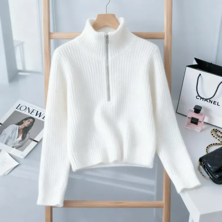 韩版冬季新款简约chic设计感针织立领上衣白色休闲气质感针织衫女