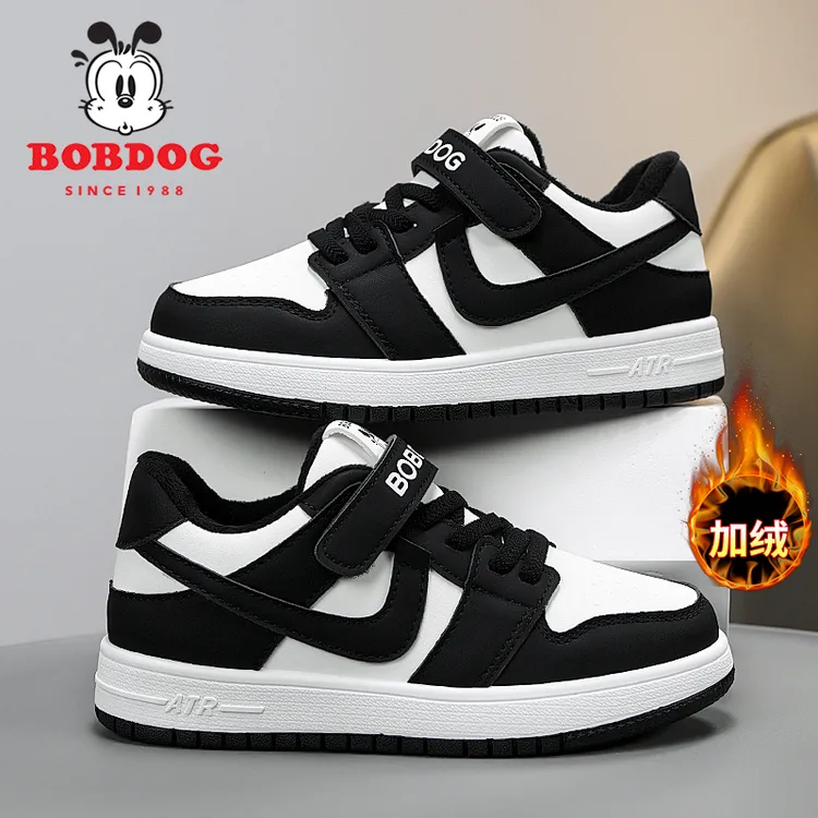 巴布豆儿童板鞋男童女童鞋子2025新款皮面防水加绒薄棉休闲运动鞋