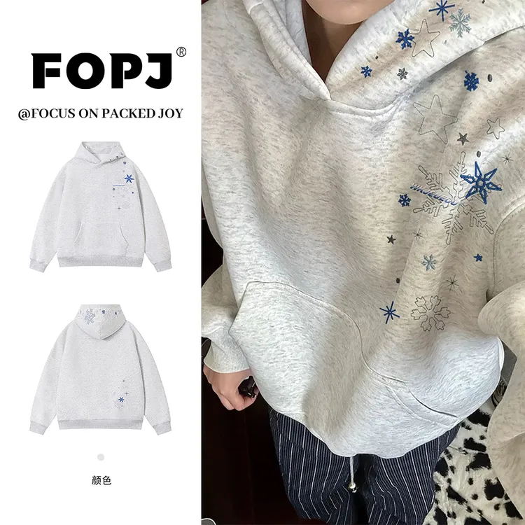 FOPJ刺绣款秋冬季加绒保暖连帽情侣款卫衣美式街头潮流慵懒风上衣