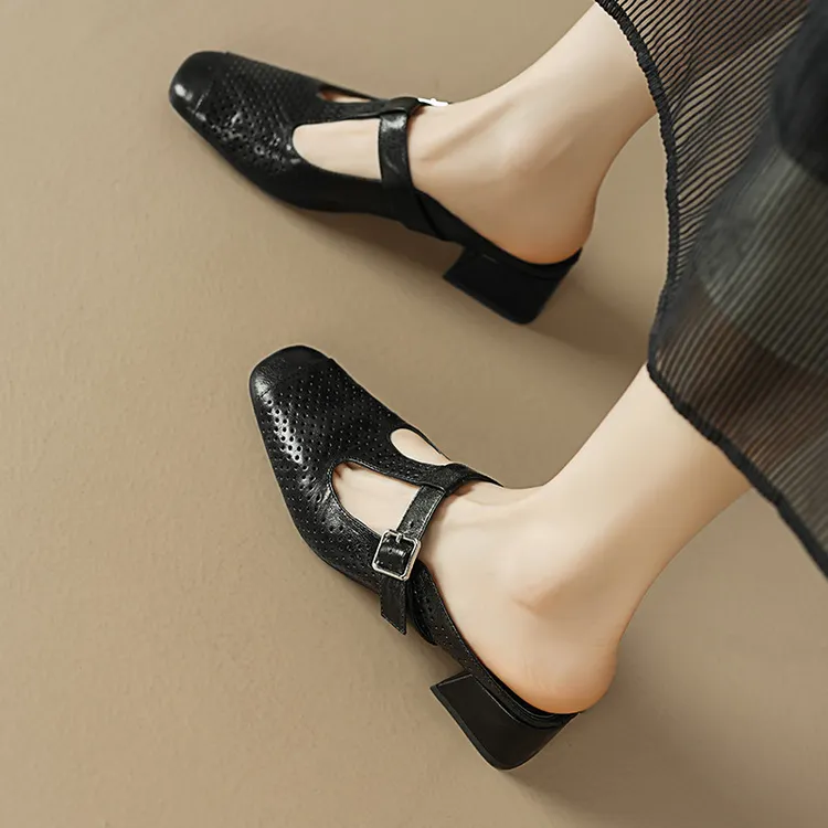 羊皮方头镂空丁字带包头拖鞋女外穿夏季透气洞洞凉鞋粗跟懒人半拖