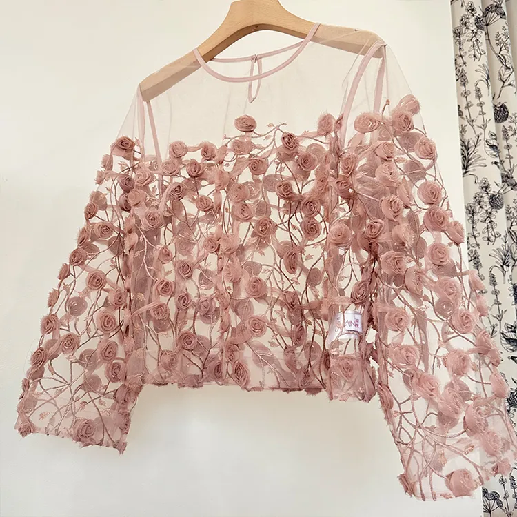 25SY3443设计感小众立体玫瑰网纱衬衫女气质时尚洋气长袖别致上衣