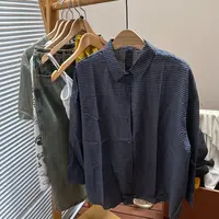 【美琪优选】棉质小蓝格女士长袖翻领衬衫 女衬衫