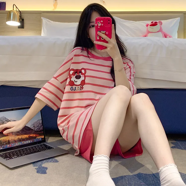 2025款纯棉睡衣夏季短袖长款休闲卡通可外穿家居服自带胸垫套装