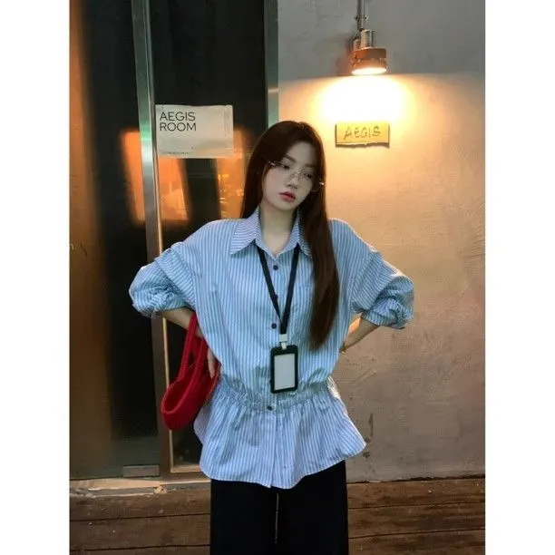 早秋新款韩系Polo领条纹收腰衬衫女装单排扣时髦上衣