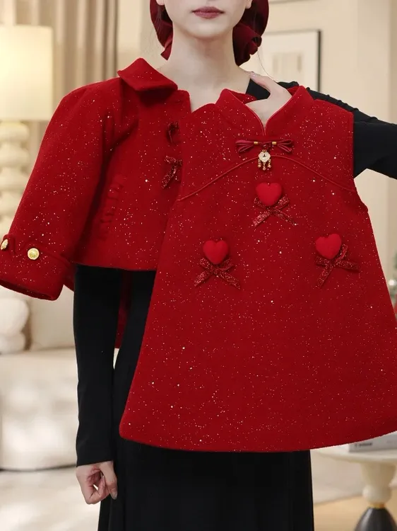 女童洋气中国红新中式棉服外套背心裙套装女宝加绒加棉保暖拜年服