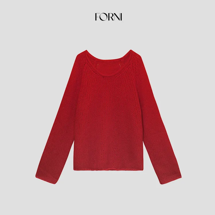 FORNI 马海毛布鲁克林圣诞V领高比例马海毛毛衣软糯节日感红毛衣