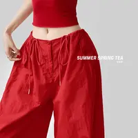 日常舒适夏季女裤红色工装速干裤子2025新款今年流行爆款bf慵懒风