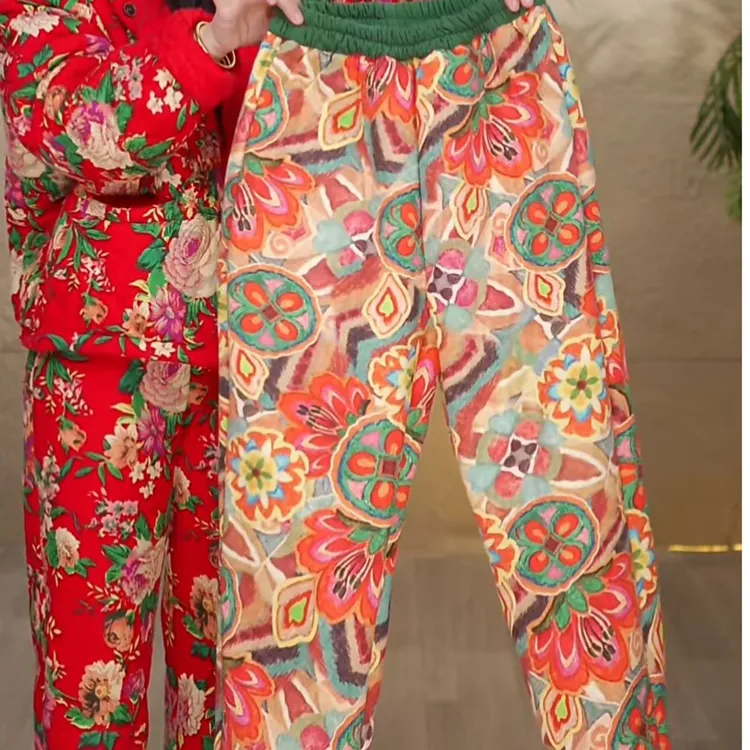 2025冬季新款加棉加绒加厚棉裤红色中国风民族风大花复古大码