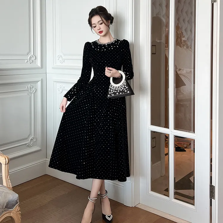 【设计师定制】法式赫本风重工欧洲站钉珠礼服丝绒连衣裙女装21632