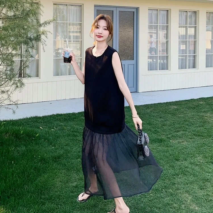 甜酷风黑色网纱拼接连衣裙女夏2025新款韩系显瘦遮肚子超好看长裙