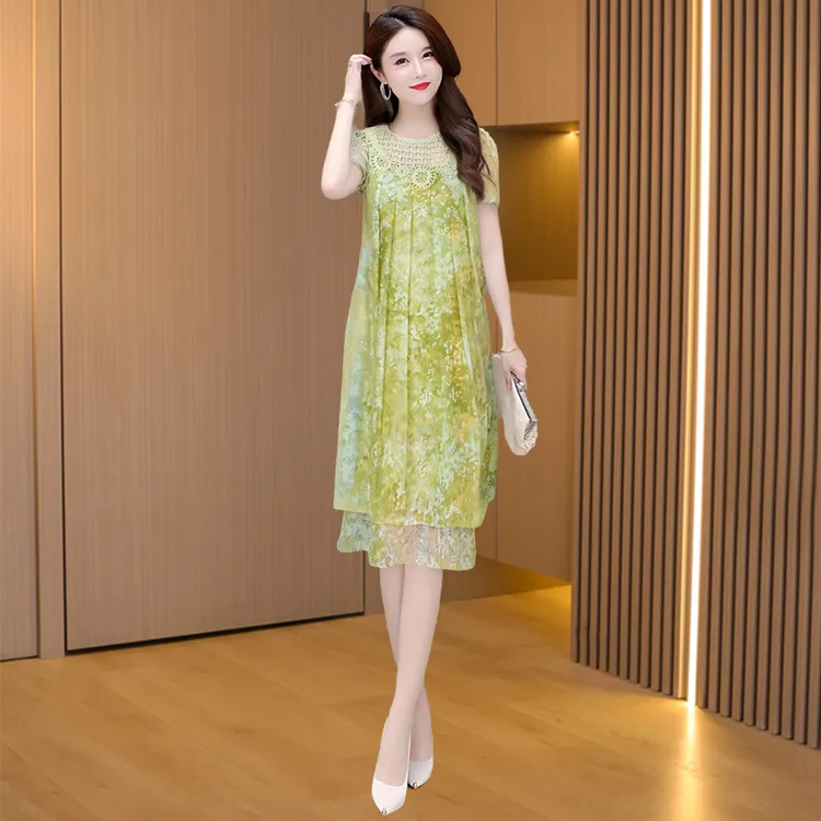 【可蓓儿】绿色连衣裙2025年夏季新款时尚优雅减龄显瘦气质蕾丝裙子
