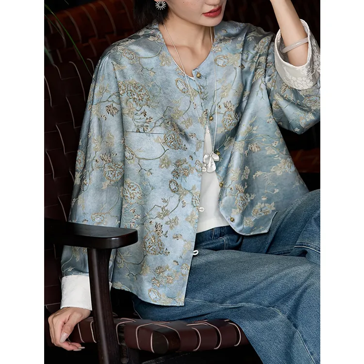 气质重工桑蚕丝真丝外套女秋25新中式复古国风提花长袖上衣开衫