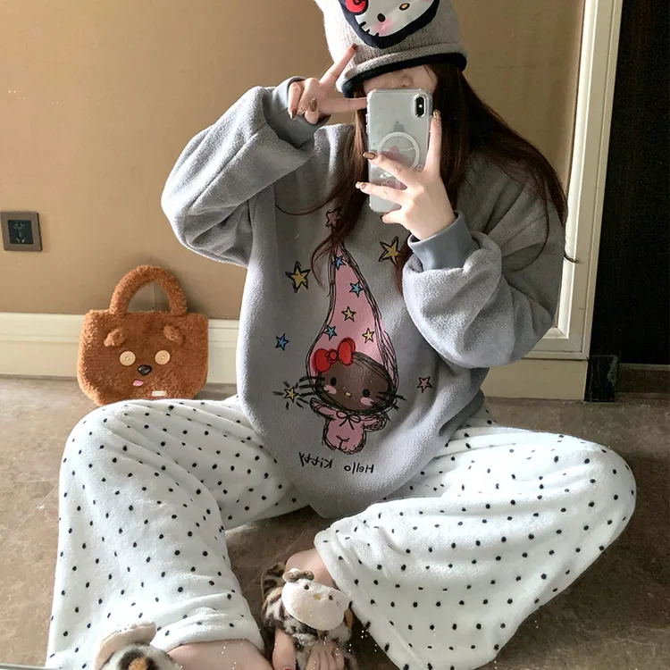 冬季加厚保暖米粒绒珊瑚绒法兰绒睡衣家居服套装卡通波点裤慵懒女