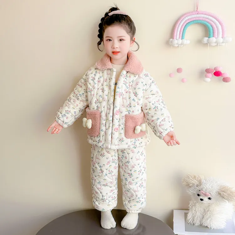 儿童三层夹棉睡衣套装冬季加绒加厚保暖珊瑚绒女童宝宝冬款家居服