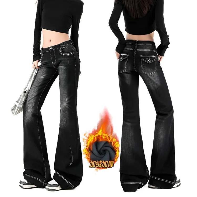 美式辣妹微喇牛仔裤加绒裤子女款爆款2025新款低腰复古显瘦长裤冬