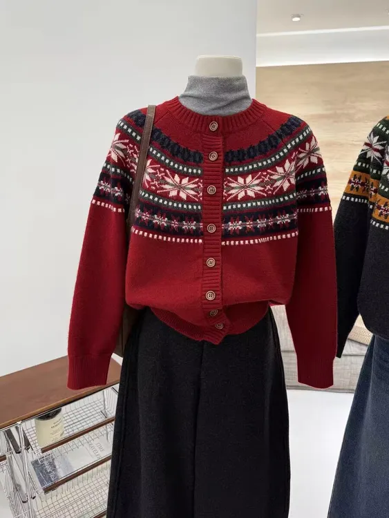 复古费尔岛提花时尚减龄学院风针织开衫女秋冬新款韩版休闲毛衣女