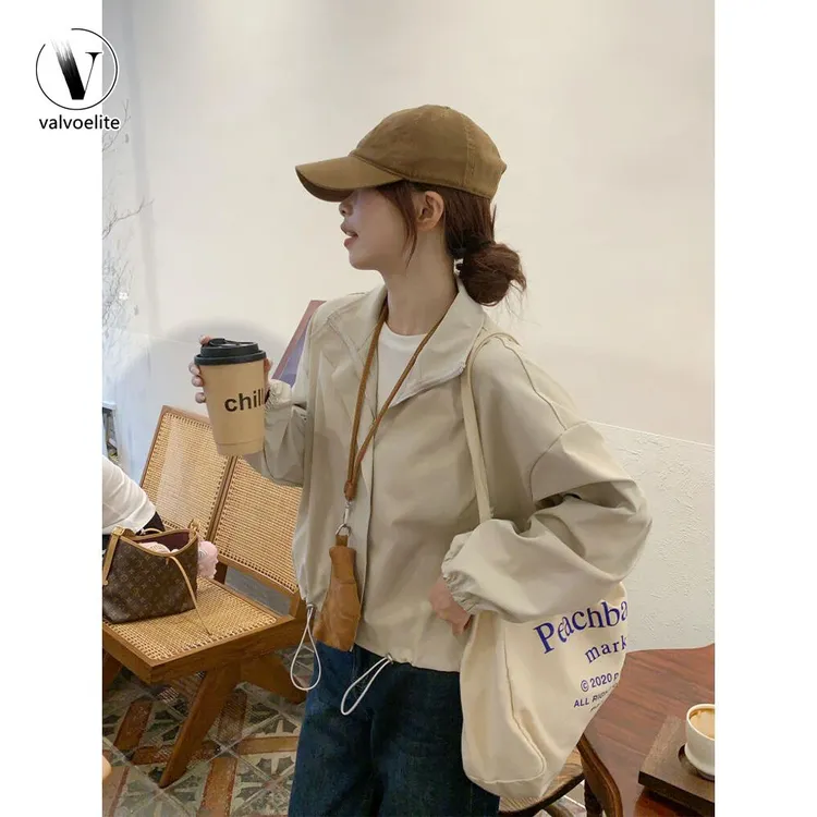 VALVOELITE韩系立领短款夹克外套女早秋季高级感独特抽绳薄款上衣