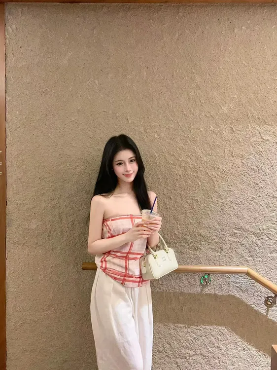 【雾玫的格律】夏季新款复古高级感印花格子抹胸上衣配高腰休闲裤女