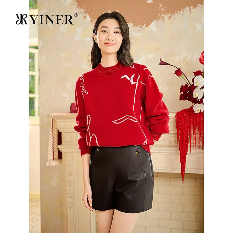 YINER音儿专选2026春季新款优雅新年红高领美丽诺纯羊毛针织衫